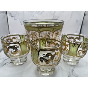 MCM Culver Green & Gold Footed Whiskey Glasses 3 and Ice Bucket 1960's‎